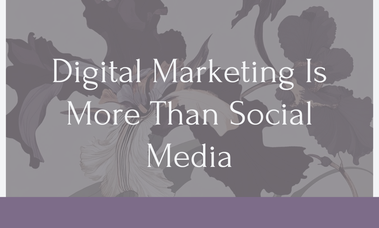 iconic Wild Iris rocco inspired purple irises on a grey background with the words Digital marketing is more than social media in white letters